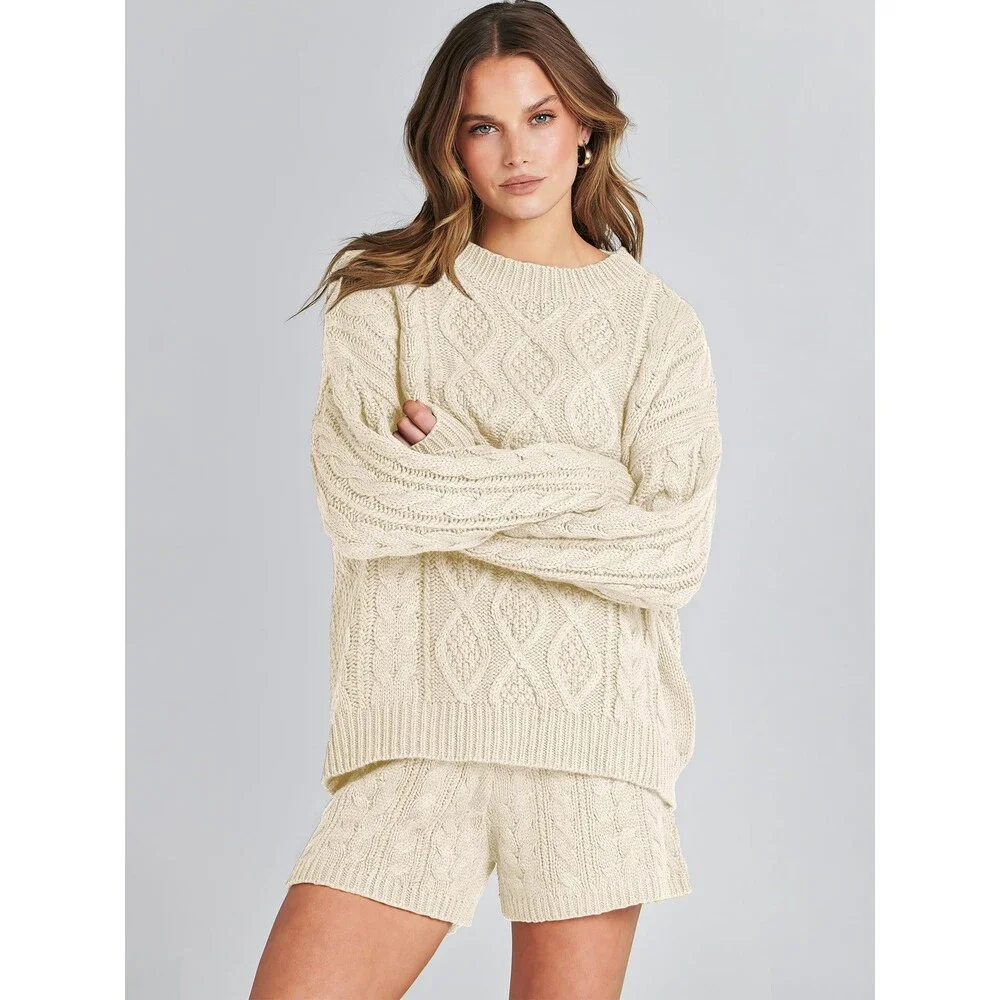 ANRABESS Women's Beige 2 Piece Outfits Sweater Lounge Loungewear Sets 2025 M